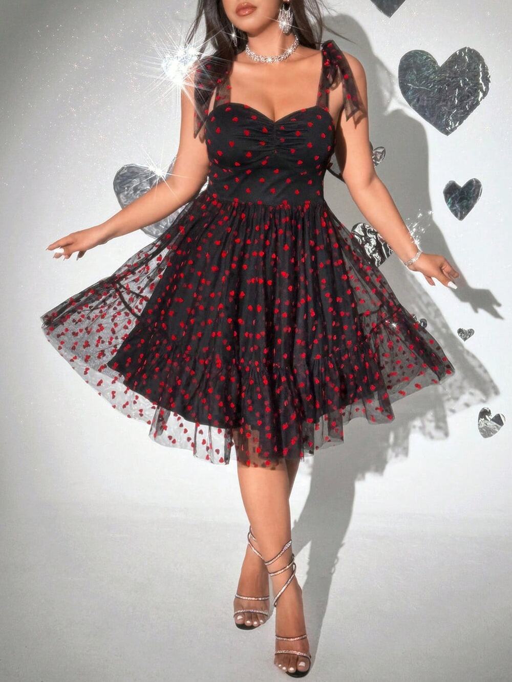 Valentine's Day Heart Bow Tulle Flocked Dress Women's Size 2